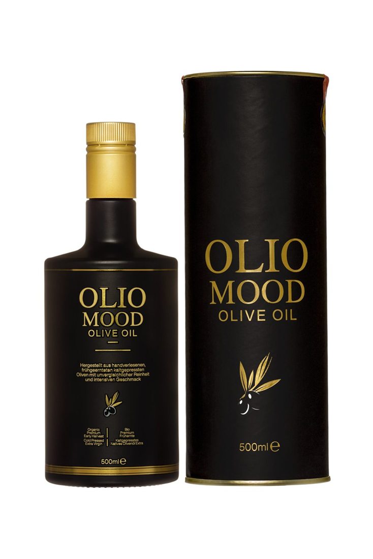 OlioMood Bio Premium vroege oogst, 500 ml fles naast de geschenkkoker